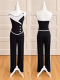 Jackie black and white pinstripe dance costume, front and back views