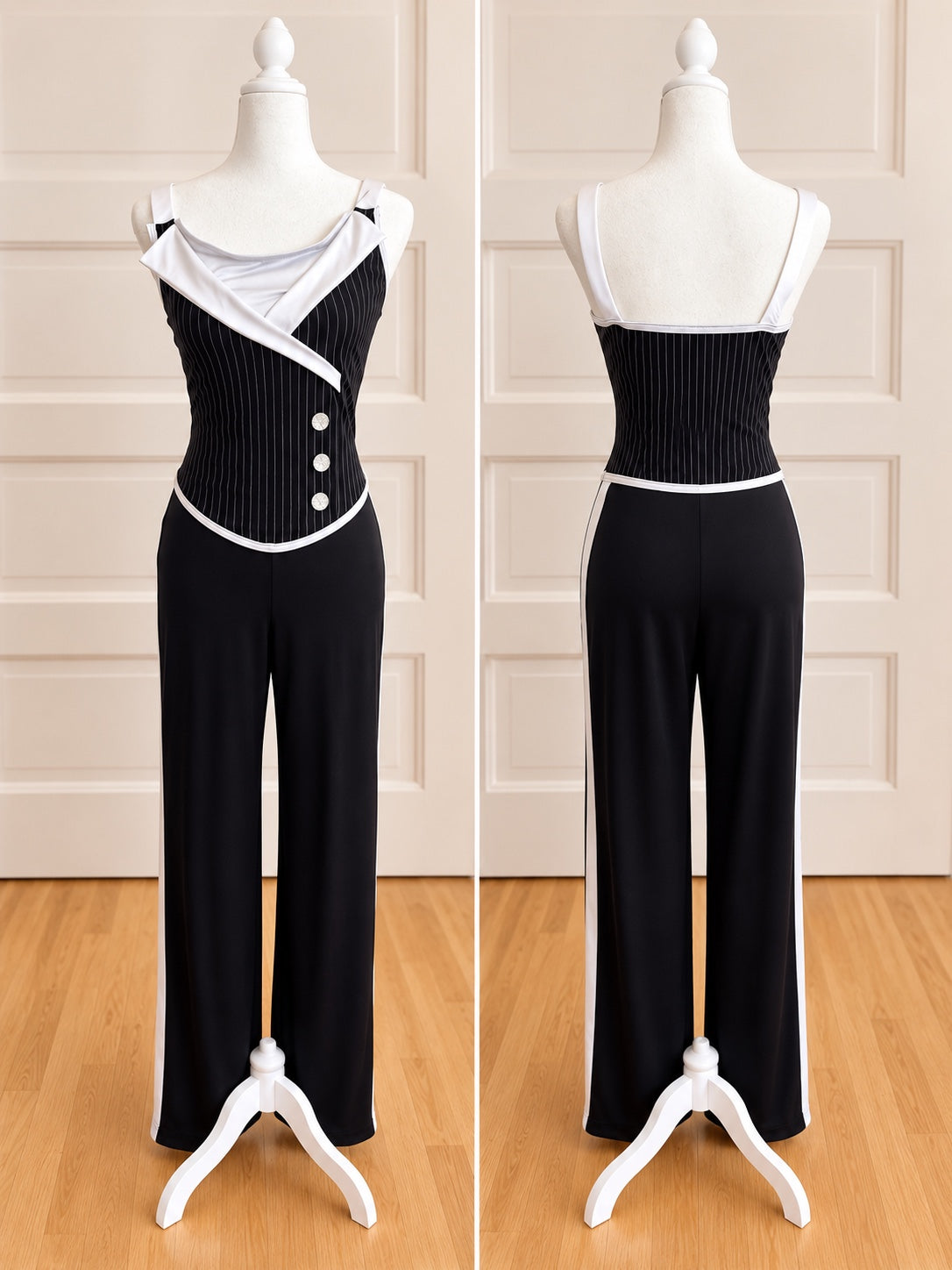Jackie black and white pinstripe dance costume, front and back views